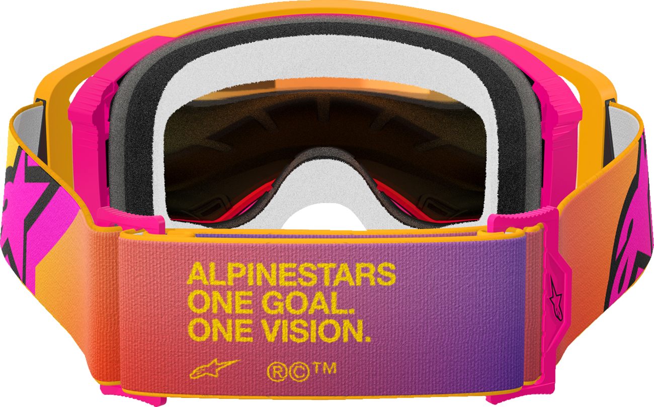 Alpinestars Supertech goggles with fluo yellow frame and red mirror lens, featuring ABS Vision for motorcycle racing protection.