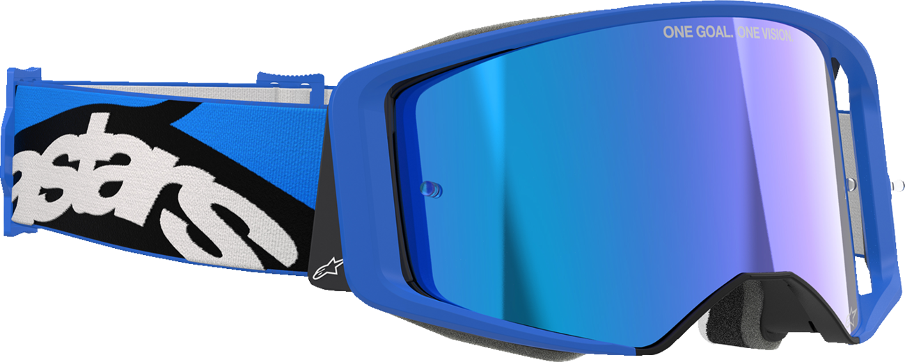 Alpinestars GOGGLES Supertech Stream blue mirror lens with ABS Vision, designed for motorcycle racing and performance riding.