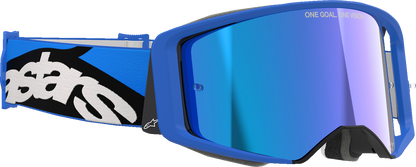 Alpinestars GOGGLES Supertech Stream blue mirror lens with ABS Vision, designed for motorcycle racing and performance riding.