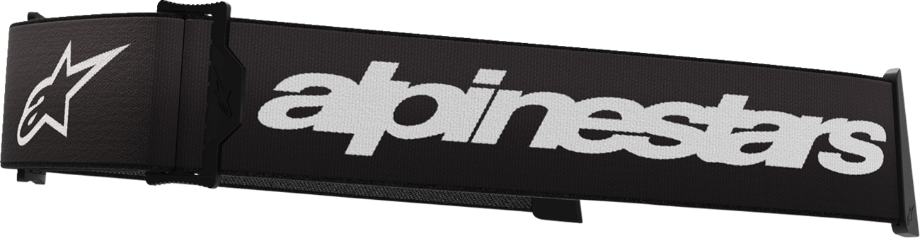 Alpinestars Gogglessupertech goggle strap in black and white with adjustable fit and branding for motocross or racing helmets