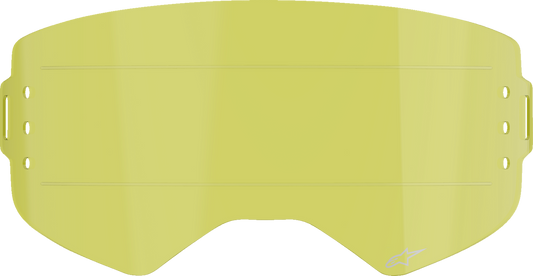 Yellow Alpinestars GoggLess Supertech roll-off goggle lens with clear view, designed for motocross and off-road riding.