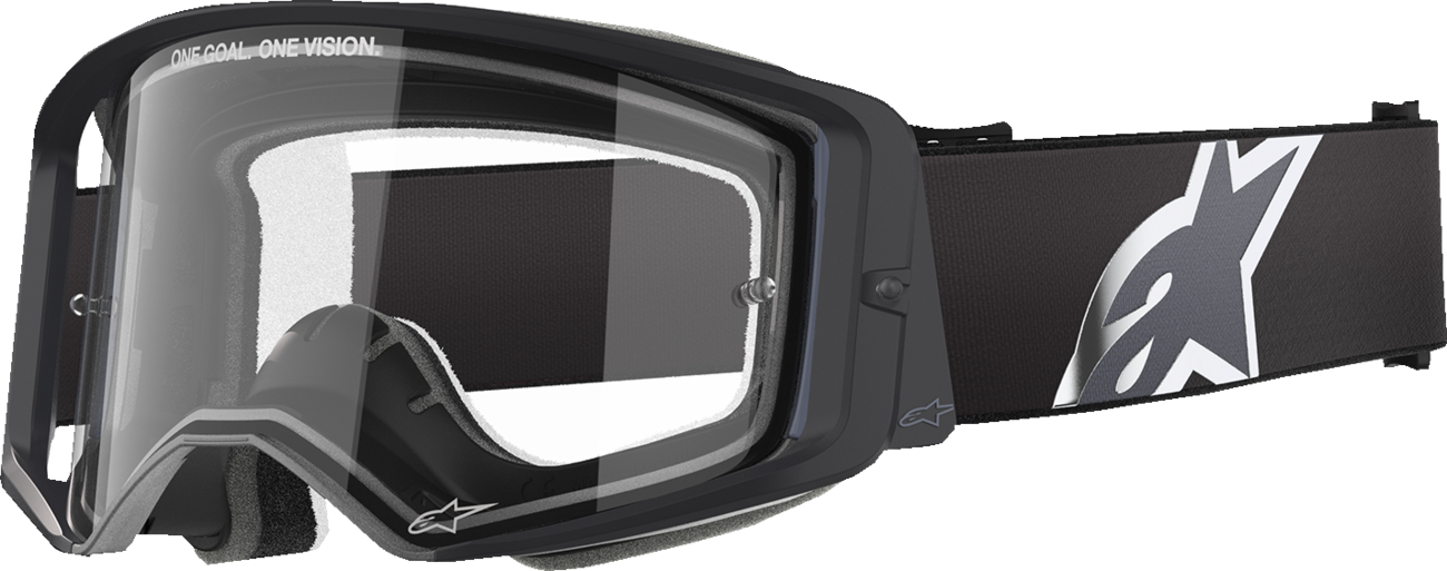 Alpinestars GOGGLES Vision 8 in black with clear lens, featuring adjustable strap and UV protection for motocross or racing.