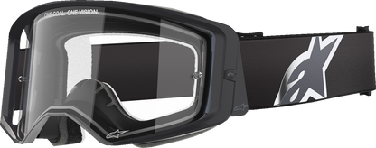 Alpinestars GOGGLES Vision 8 in black with clear lens, featuring adjustable strap and UV protection for motocross or racing.