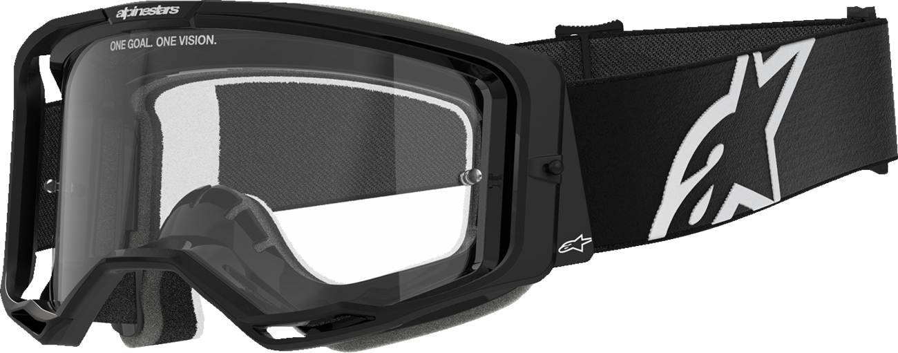 Alpinestars GOGGLES Vision 8 in black with clear lens, featuring adjustable strap and modern design for motocross or dirt biking.