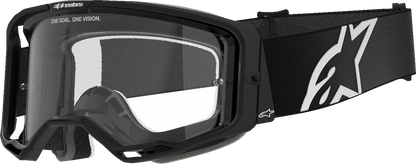 Alpinestars GOGGLES Vision 8 in black with clear lens, featuring adjustable strap and modern design for motocross or dirt biking.