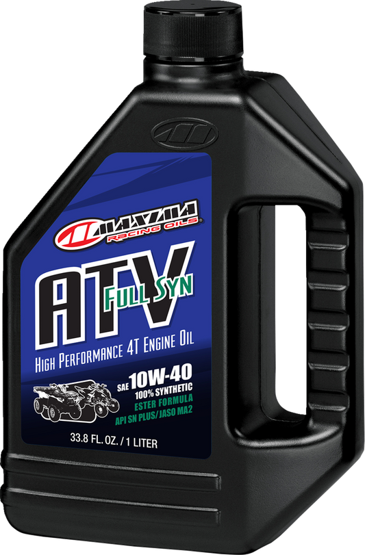 Maxima Racing Oil ATV full synthetic engine oil 10W-40 bottle with label and cap, designed for high-performance ATV engines.