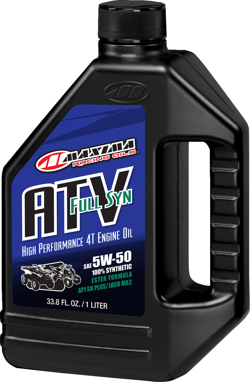 MAXIMA RACING OIL ATV full synthetic engine oil 5W-50 bottle, designed for high-performance engines.