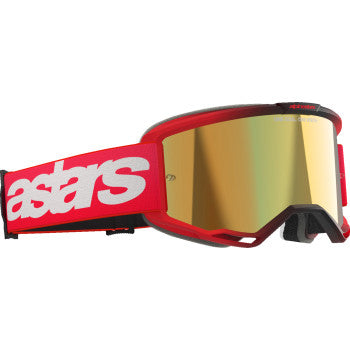Alpinestars Vision 5 Goggle in red with gold mirror lens, designed for motorcycle or sports use, showing the sleek frame and reflective glass.