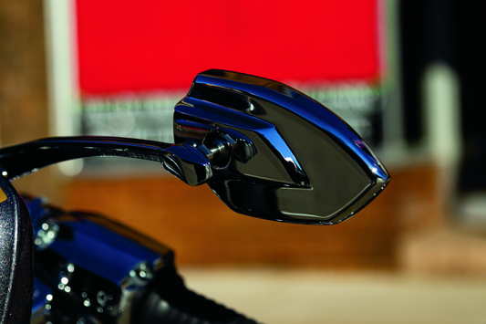 Kuryakyn Phantom mirrors in gloss black with aggressive angular design and premium chrome finish for motorcycle handlebars.