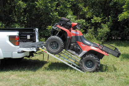 QuadBoss Trifold ATV ramp made of durable aluminum, 50x72 inches with 1,500 lbs. capacity, shown folded and extended for loading.