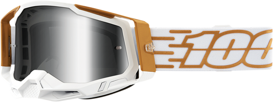 Bill's Exhausts 100% Racecraft 2 Goggles with Mayfair silver mirror lenses, featuring sleek design and adjustable strap.
