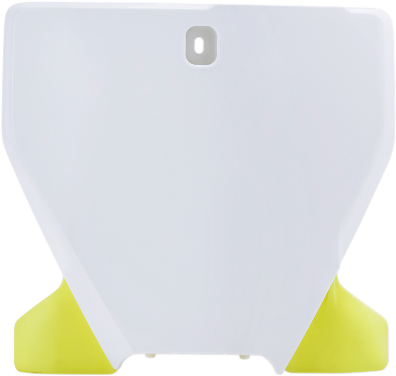 Acerbis front number plate in white and yellow for motorcycle, mounted on the body, showcasing the '20 model design.