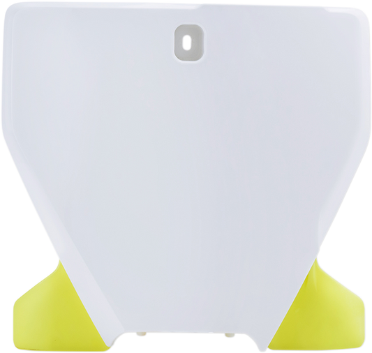 Acerbis front number plate in white and yellow for motorcycle, mounted on the body, showcasing the '20 model design.