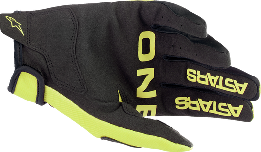 Alpinestars Youth Radar gloves in fluo yellow and black, medium size, with protective padding and textured grip features.