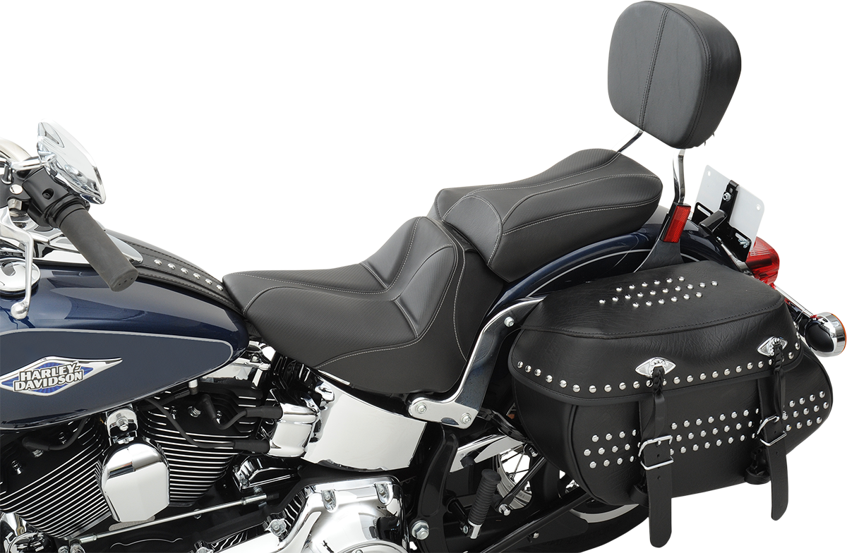 Black Saddlemens Dominator Pillion Pad with gray stitching for standard reach, designed for motorcycle seats.