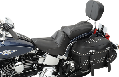 Black Saddlemens Dominator Pillion Pad with gray stitching for standard reach, designed for motorcycle seats.