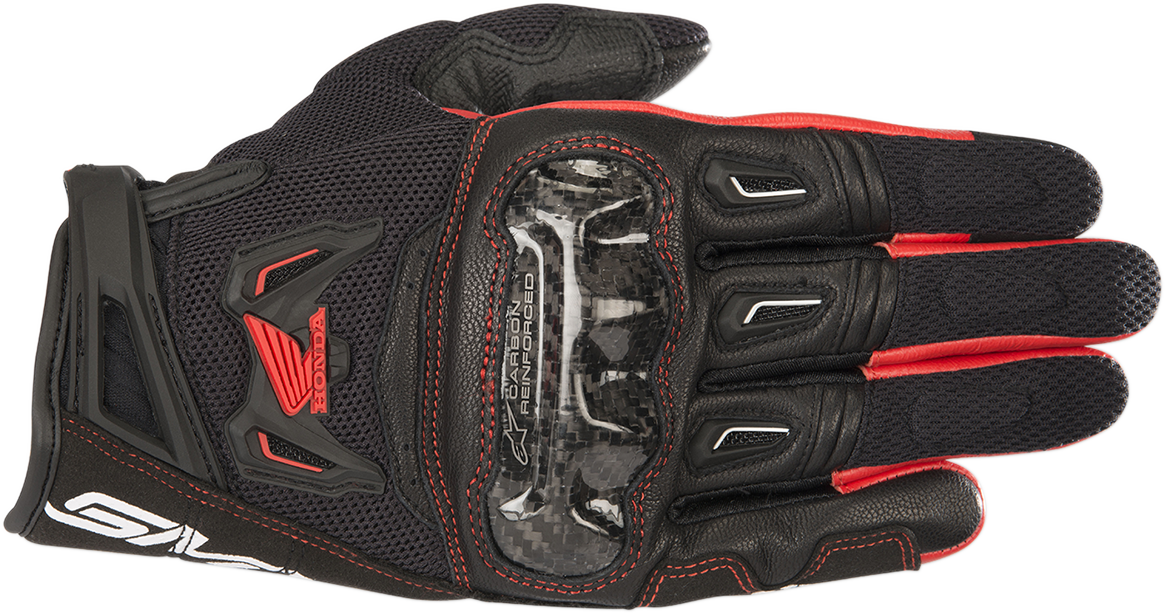 Alpinestars Honda SMX-2 Air Carbon V2 motorcycle gloves in black and red, small size, with protective carbon knuckles.