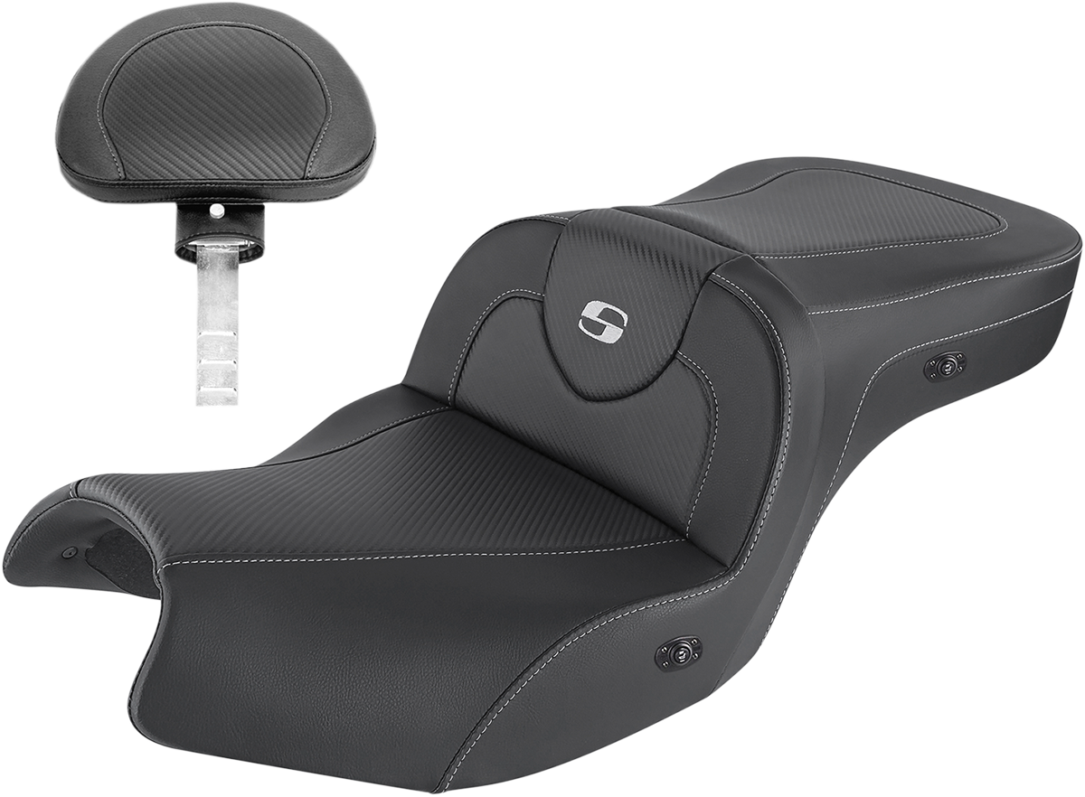 Heated Roadsofa seat by Saddlemens with carbon fiber finish, includes backrest, black color, designed for Indian I20-06-185BRHCT.