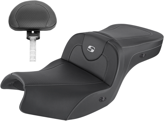 Heated Roadsofa seat by Saddlemens with carbon fiber finish, includes backrest, black color, designed for Indian I20-06-185BRHCT.