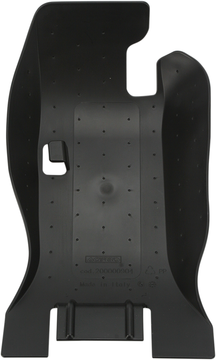 A black ACERBIS skid plate for Husqvarna and KTM motorcycles, made of durable body material, designed for off-road protection.