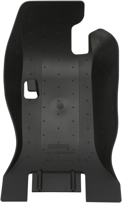 A black ACERBIS skid plate for Husqvarna and KTM motorcycles, made of durable body material, designed for off-road protection.