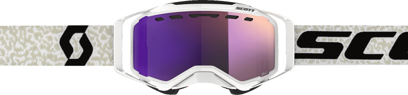 Scott Prospect Snow Cross Goggle in white and black with purple chrome lens, designed for winter sports and snowboarding.