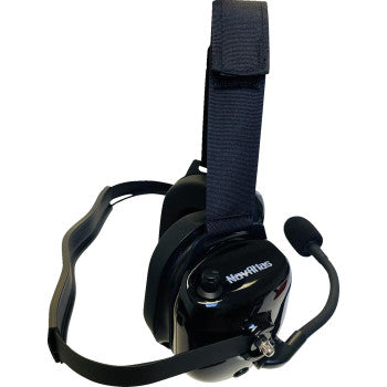 Black Bill's Exhausts NAVATLAS behind-the-head stereo and VOX headset with adjustable headband and microphone, front view.