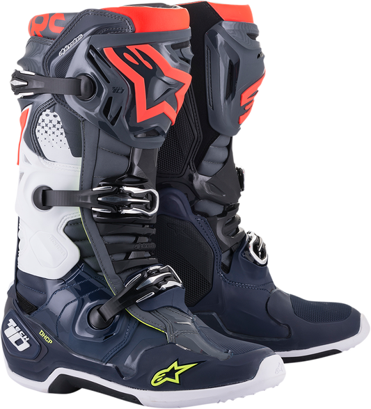 Alpinestars Tech 10 motorcycle boots in dark gray, dark blue, and red, US size 11, featuring protective design and rugged construction.