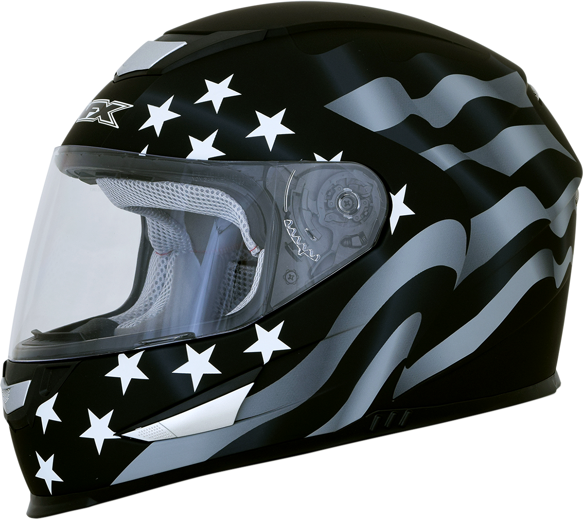 Bill's Exhausts AFX FX-99 helmet in stealth with flag design, medium size, showing the helmet's shape and detailed graphics.