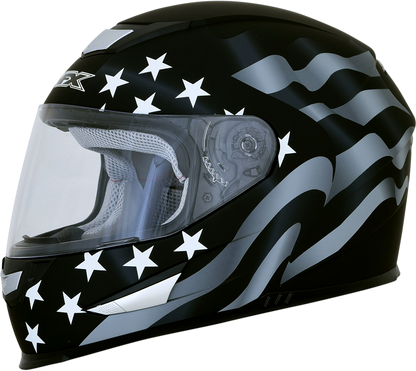 Bill's Exhausts AFX FX-99 helmet in stealth with flag design, medium size, showing the helmet's shape and detailed graphics.