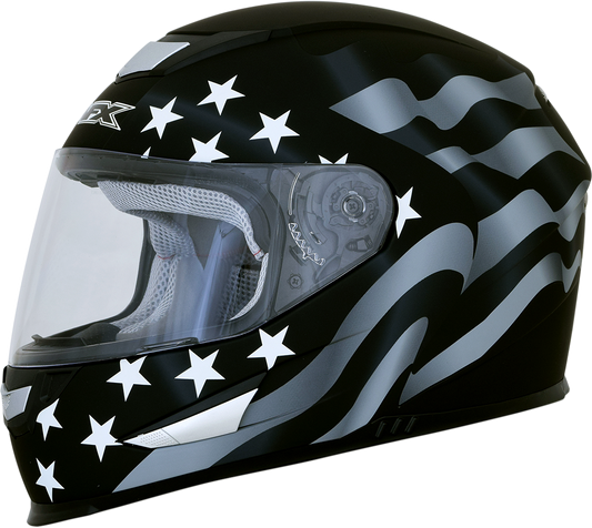 Bill's Exhausts AFX FX-99 helmet in stealth with flag design, medium size, showing the helmet's shape and detailed graphics.