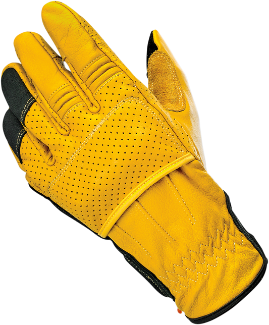 BILTWELL Borrego Gloves in gold and black, XS size, stylish motorcycle gloves with protective design from Bill's Exhausts.