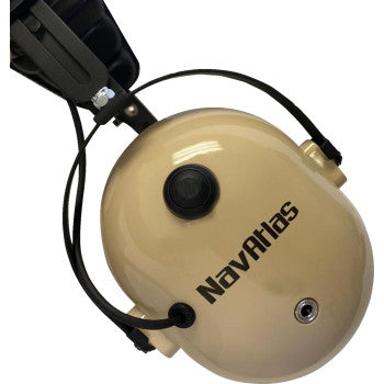 Bill's Exhausts NAVATLAS over-the-head stereo and VOX headset in beige with cushioned ear cups and adjustable headband.