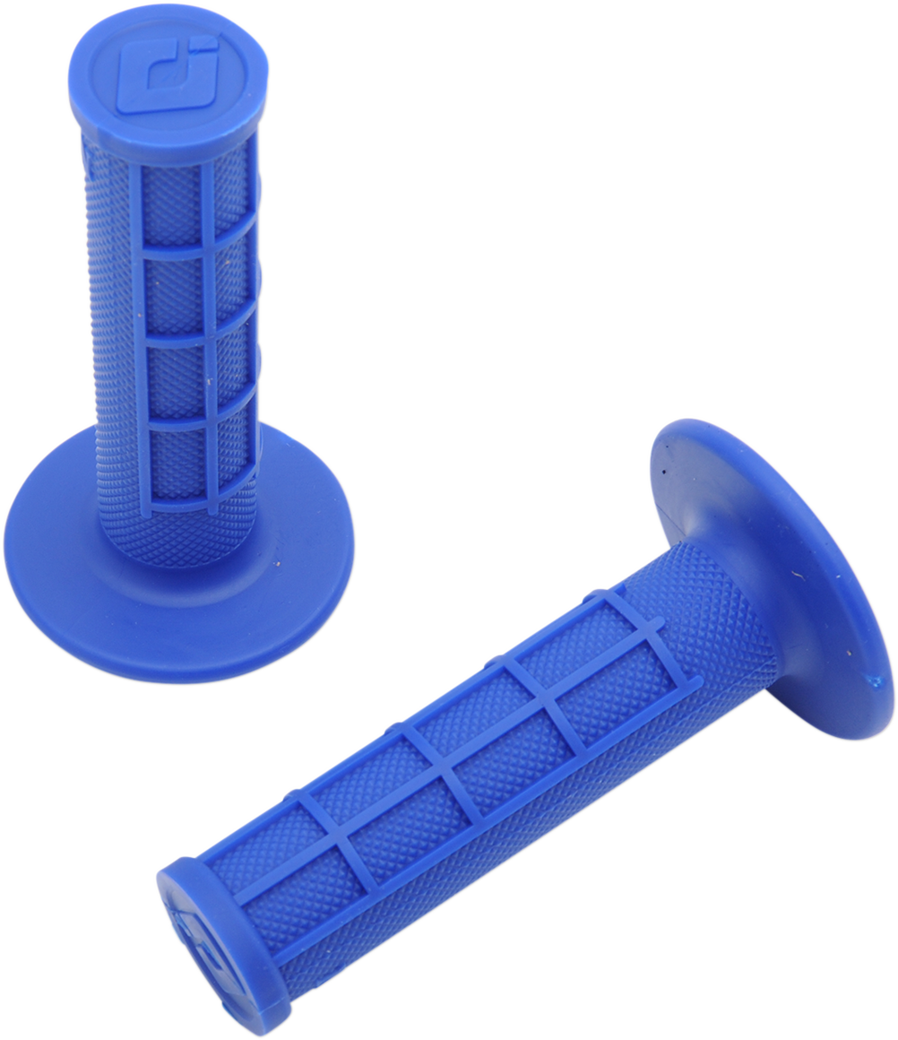 Blue ODI Ruffian Half Waffle grips for BMX or motorcycle handlebars, featuring textured rubber for secure grip and comfort.