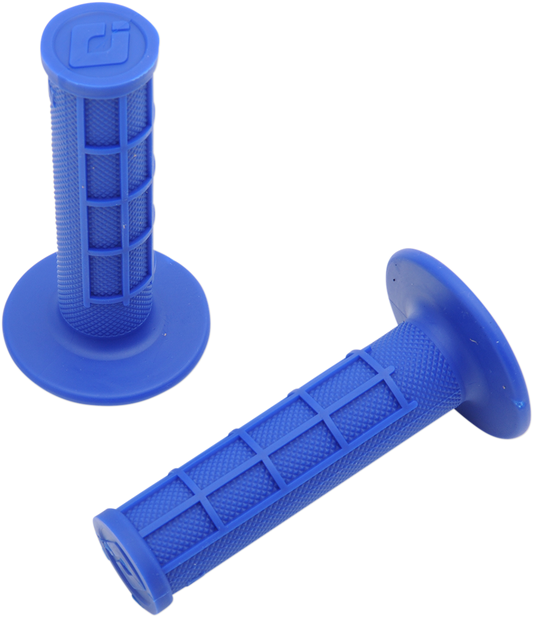 Blue ODI Ruffian Half Waffle Grips for bikes, showing textured rubber surface and ergonomic design for improved hand grip.