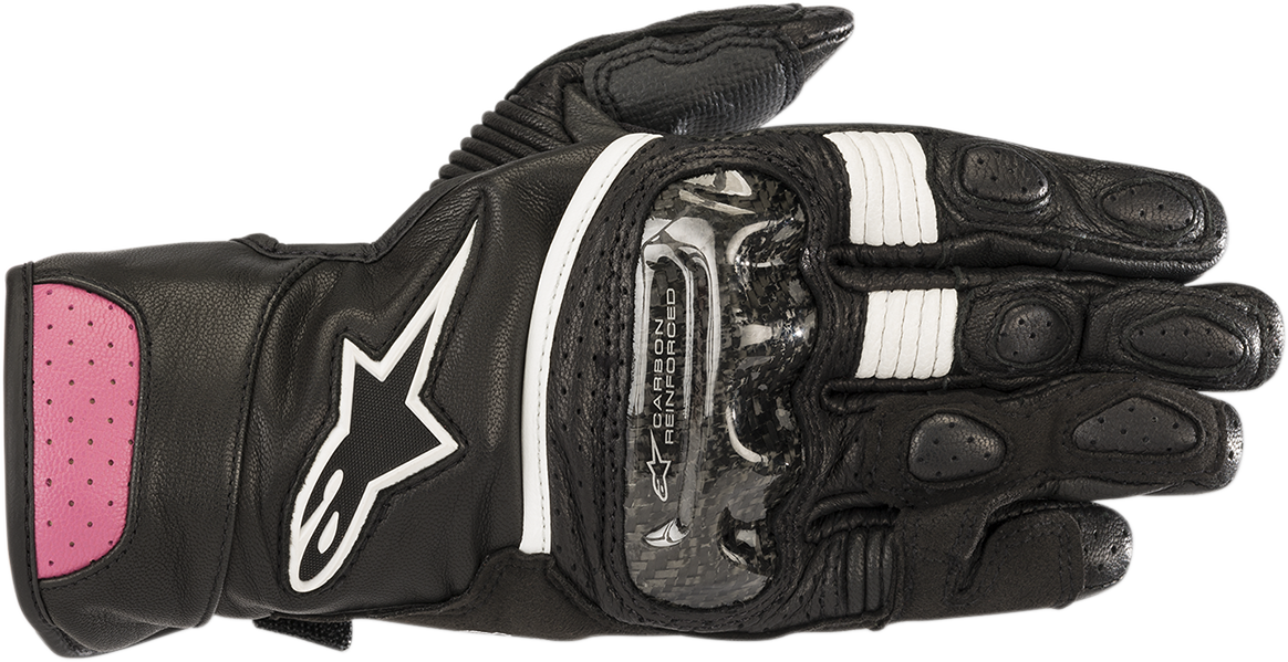 Alpinestars Women Stella SP-2 V2 motorcycle gloves in black and fuchsia, large size, featuring protective knuckles and breathable material.