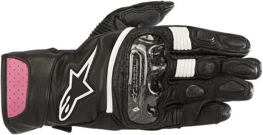 Black and fuchsia Alpinestars Stella SP-2 V2 women's motorcycle gloves with protective knuckles and adjustable wrist strap.