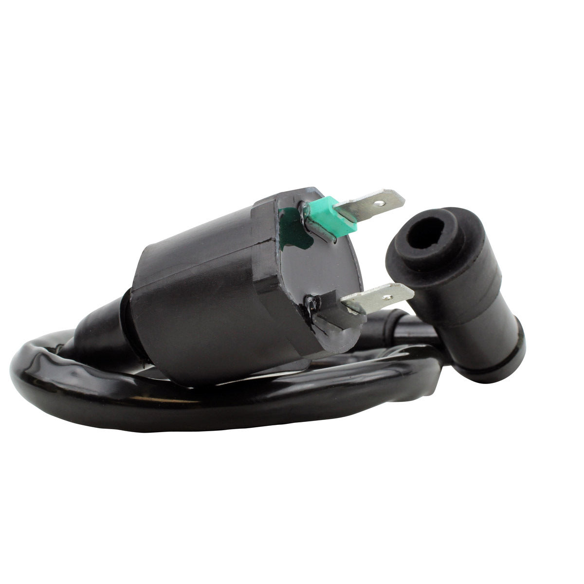 RM STATOR external ignition coil with spark plug cap, showcasing the compact black coil and attached spark plug cap.