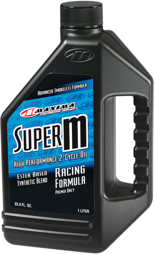 MAXIMA RACING OIL Super M Premix 2T Oil quart bottle with label, designed for high-performance motorcycle engine lubrication.