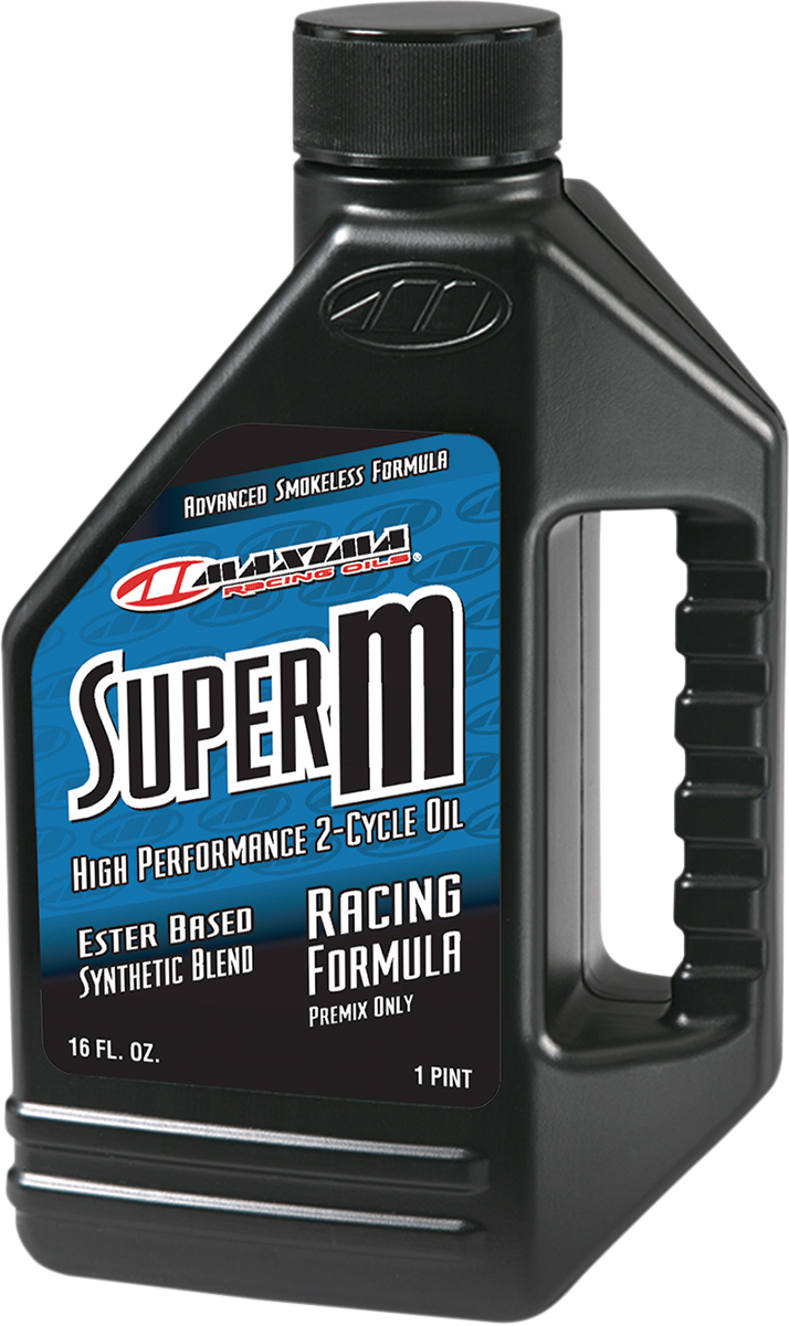 Maxima Racing Oil Super M Premix 2T oil in 16 fl oz bottle, designed for high-performance motorcycle engines.