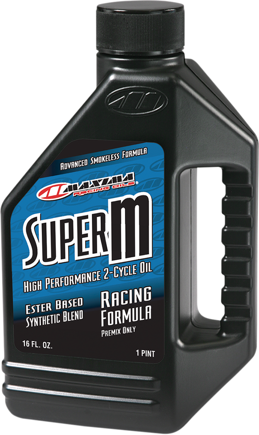 Maxima Racing Oil Super M Premix 2T oil in 16 fl oz bottle, designed for high-performance motorcycle engines.