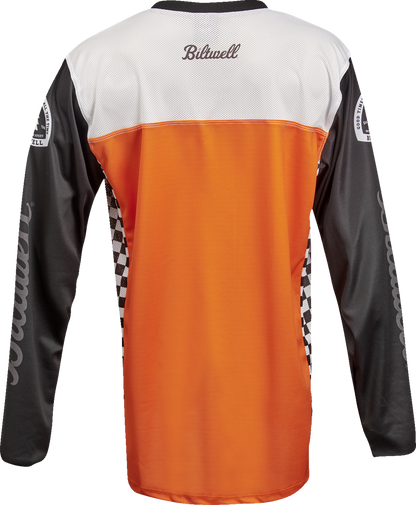Orange and black BILTWELL Good Times jersey T-shirt by Bill's Exhausts, small size, with bold graphic design.