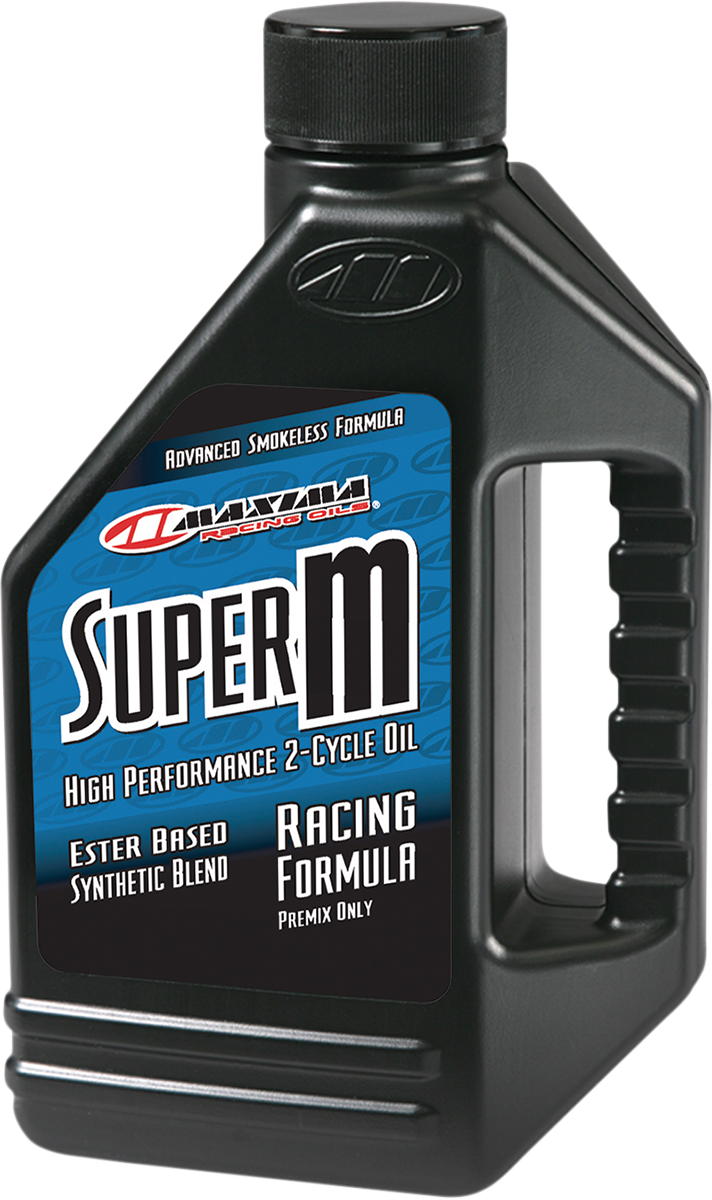 Maxima Racing Oil Super M Premix 2T Oil bottle, 64 fl oz, with label displaying product name and branding.