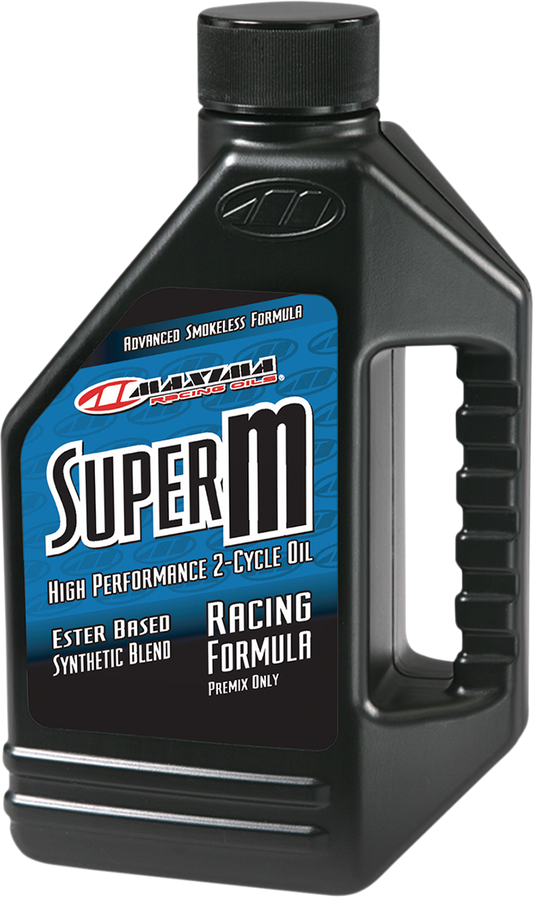 Maxima Racing Oil Super M Premix 2T Oil bottle, 64 fl oz, with label displaying product name and branding.
