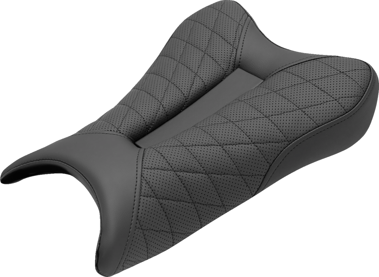 Black SADDLEMEN Track Seat with lattice stitch detail for Kawasaki ZX6R 2019-2022, designed for sporty motorcycle riding.