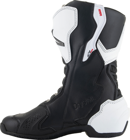 Alpinestars Stella SMX-6 V3 Drystar women's motorcycle boots in black and white, US size 6, side view with protective features.