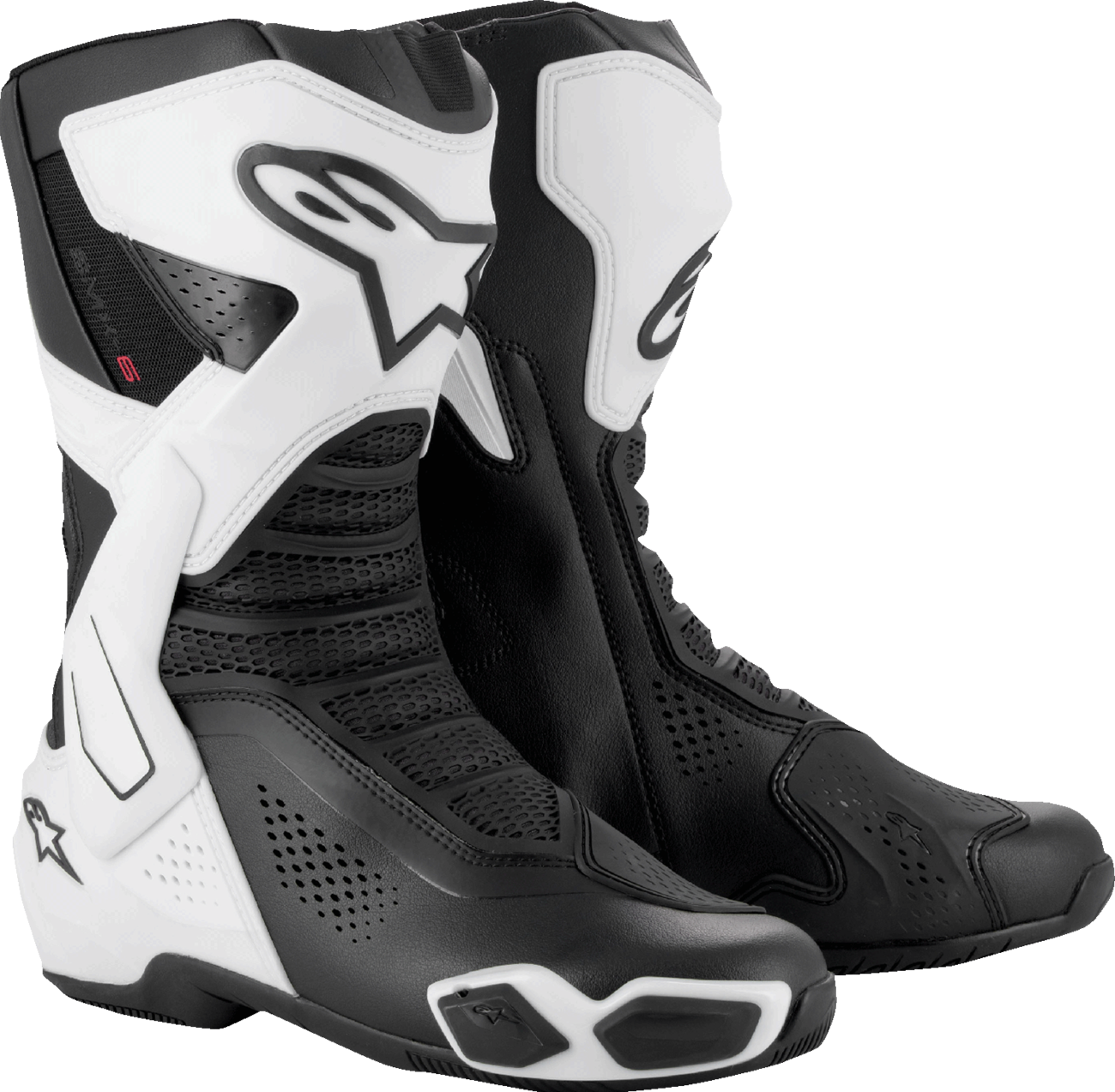 Alpinestars SMX-6 V3 vented motorcycle riding boots in black and white with protective features, US size 8, EU 42.