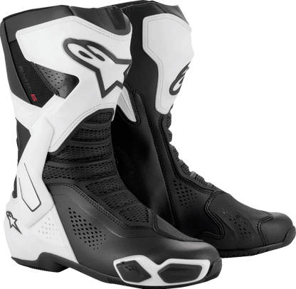 Alpinestars SMX-6 V3 vented motorcycle riding boots in black and white with protective features, US size 8, EU 42.