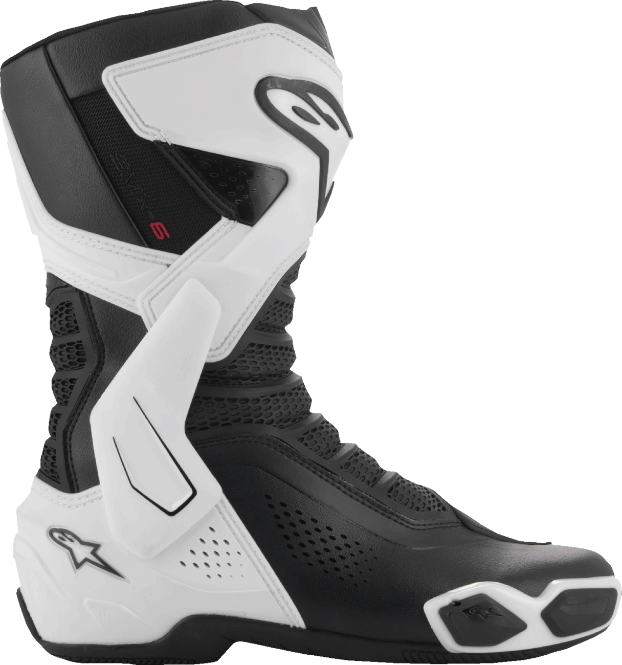 Alpinestars SMX-6 V3 vented motorcycle riding boots in black and white, US 8 / EU 42, with protective features for track and street riding.