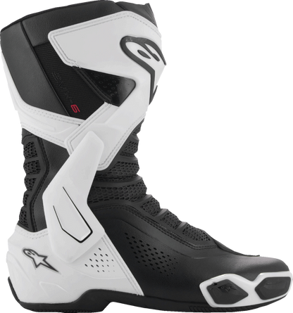 Alpinestars SMX-6 V3 vented motorcycle riding boots in black and white, US 8 / EU 42, with protective features for track and street riding.